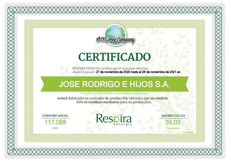 Certificado Respira Energía de José Rodrigo e Hijos S.A.